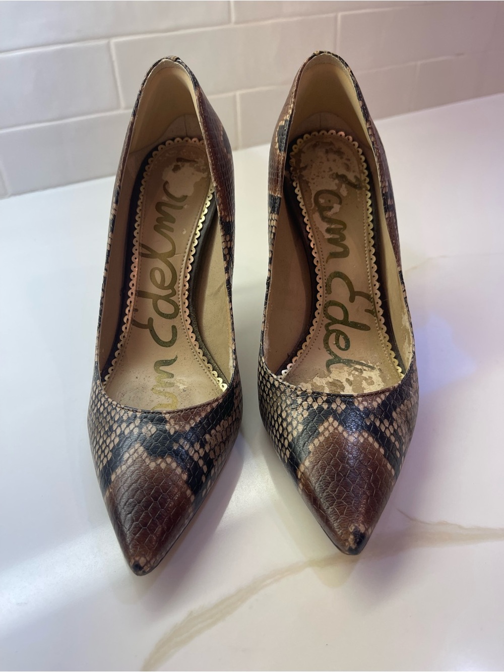 Sam Edelman Brown and Black Snake-Print Pointed Pumps